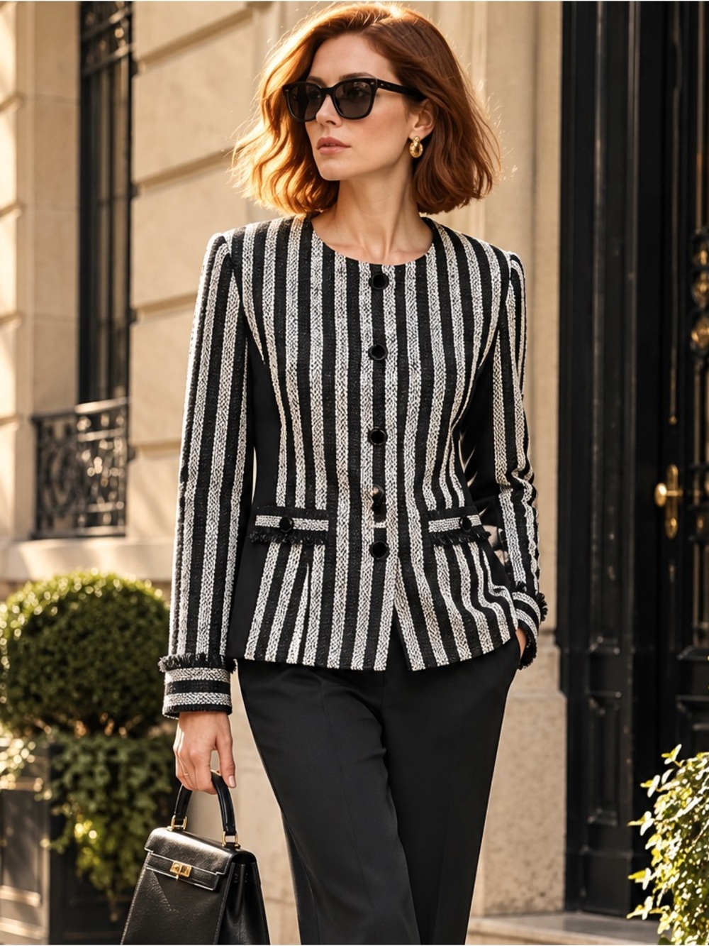 KARL LAGERFELD Black and White Striped Boucle Fringed Luxury Jacket, 6